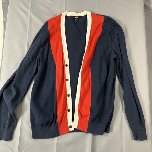 H&M Cardigan Sweater Mens XL Blue Red White Button Up Lightweight Organic Cotton - Picture 13 of 14